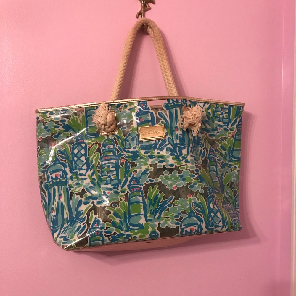 Lilly Pulitzer pvc high beams lighthouse printed blue and gold tote bag